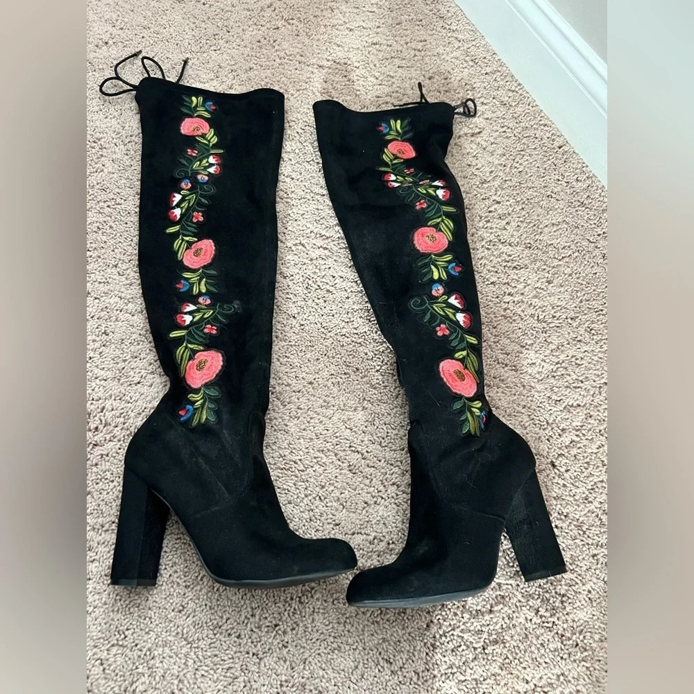 New 6.5 target over the knee floral embroidered faux suede black heel boots - Picture 17 of 17